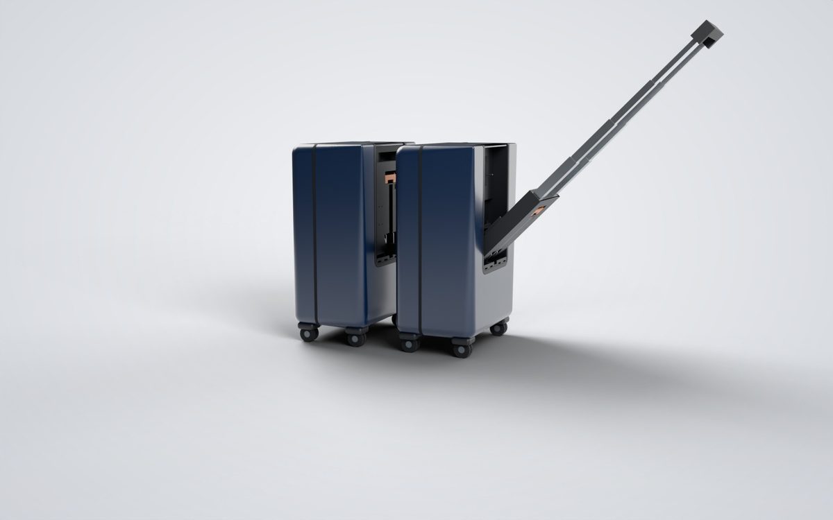 Two GraviTcase cases coupled nose to tail by the tow arm, the lead case's handle reclined